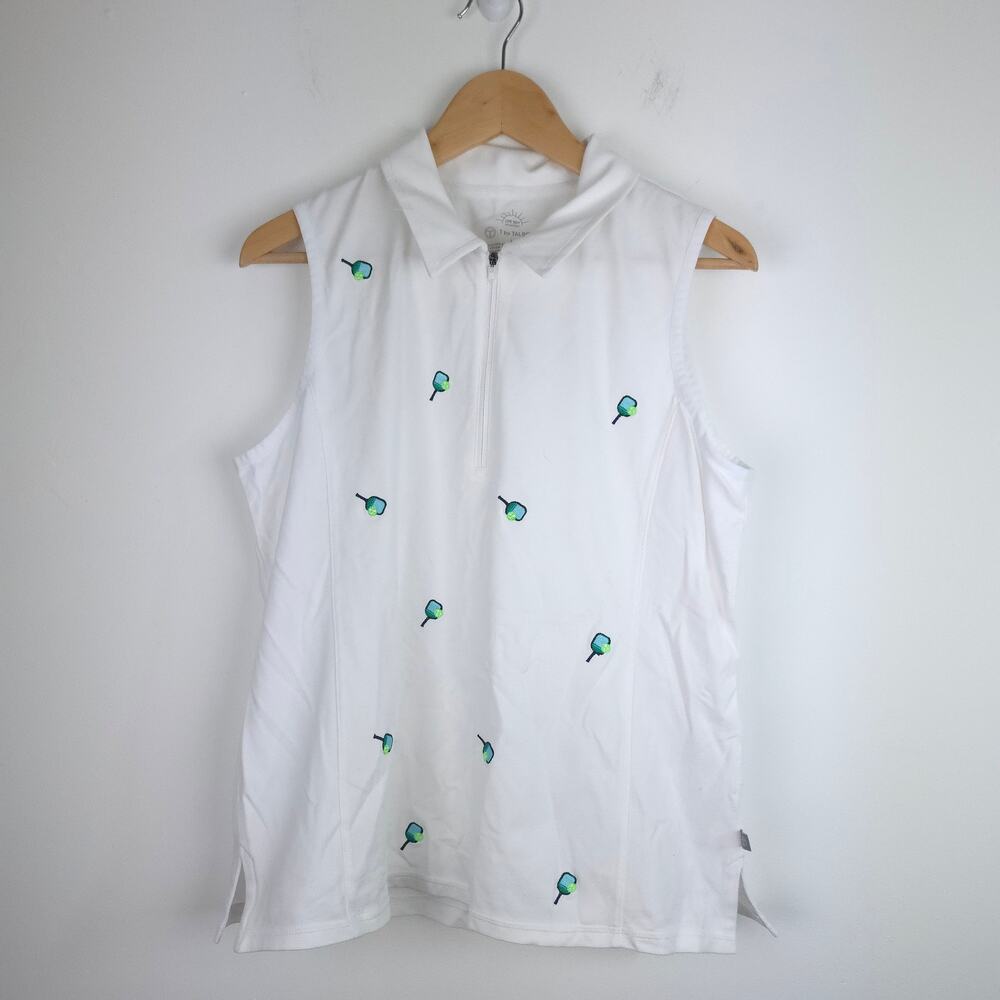 Talbots White UPF 50+ Pique Tennis Tank Half Zip Racket Embroidered Size Large